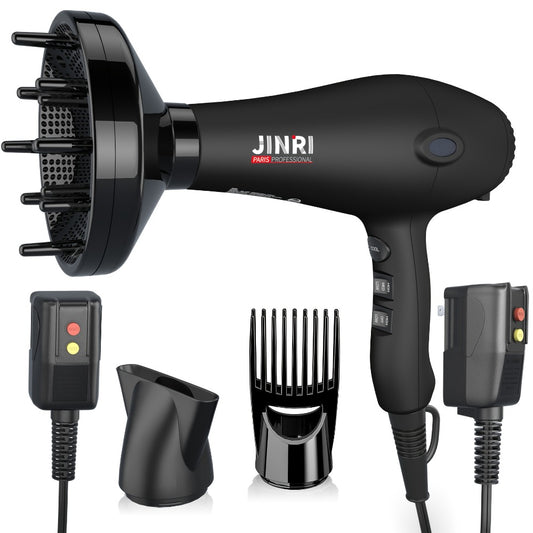 Professional Ionic Hair Dryer 1875W with Diffuser & Concentrator Attachments — Salon-Quality Blow Dryer for Curly Hair, Adjustable Cord, US Plug, Black