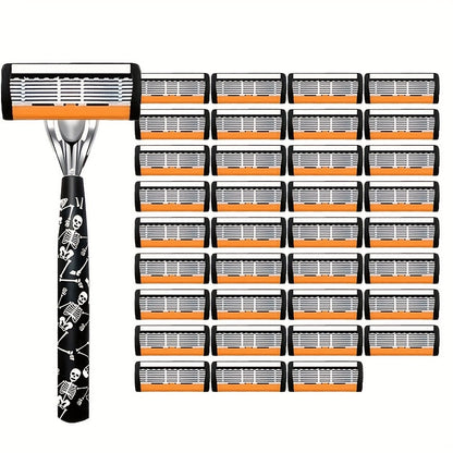 Safety Razor for Men - 7-Layer Stainless Steel Blades, Non-Slip Metal Handle, Classic Double Edge Razor for Beard & Mustache Grooming, Multiple Handle & Blade Pack Options