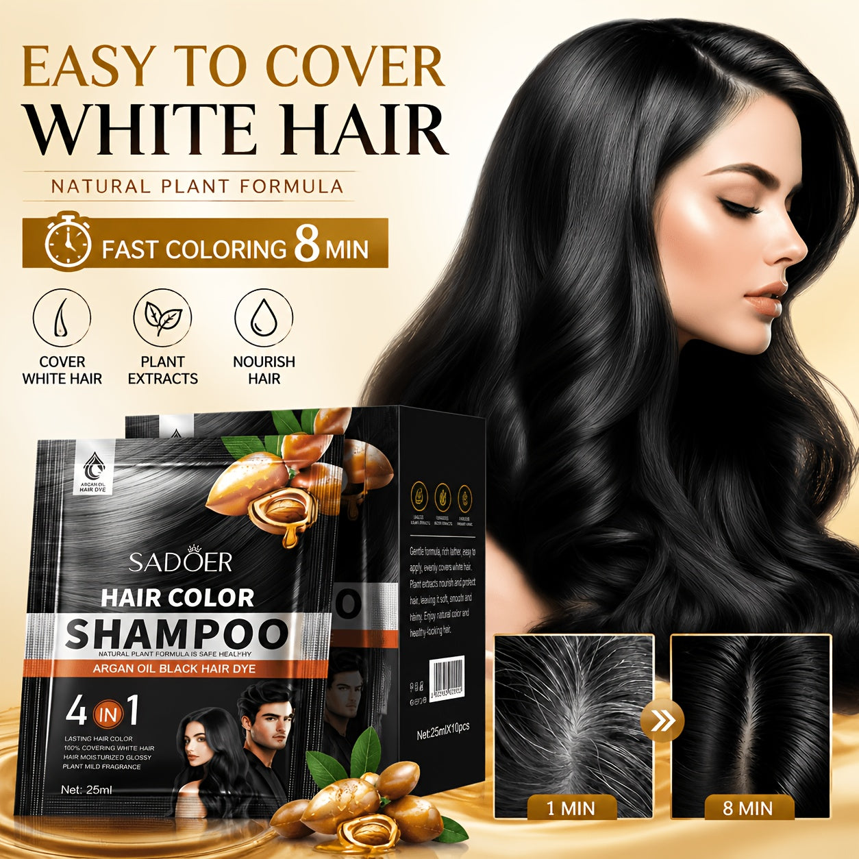 1 Box of 10 Packs of Portable Individual Packaging, Black/Brown/Chestnut Shampoo - Shampoo, 3-In-1 Hair Color Shampoo Natural Hair Dye Deep Cleansing Shampoo for Women And Men