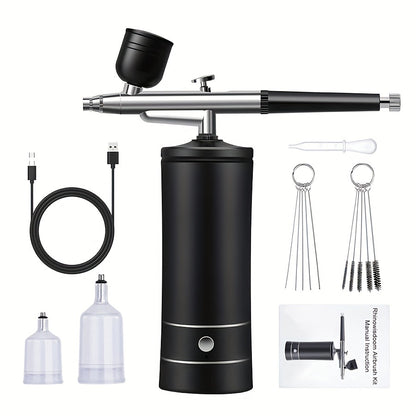 Airbrush Kit USB Rechargeable Portable Compressor 23-27PSI 0.3mm Nozzle - 2-Speed Pump with Airbrush 2 Paint Pots & Brush - for Makeup Cake Decorating Crafts Tattoos Nail Art