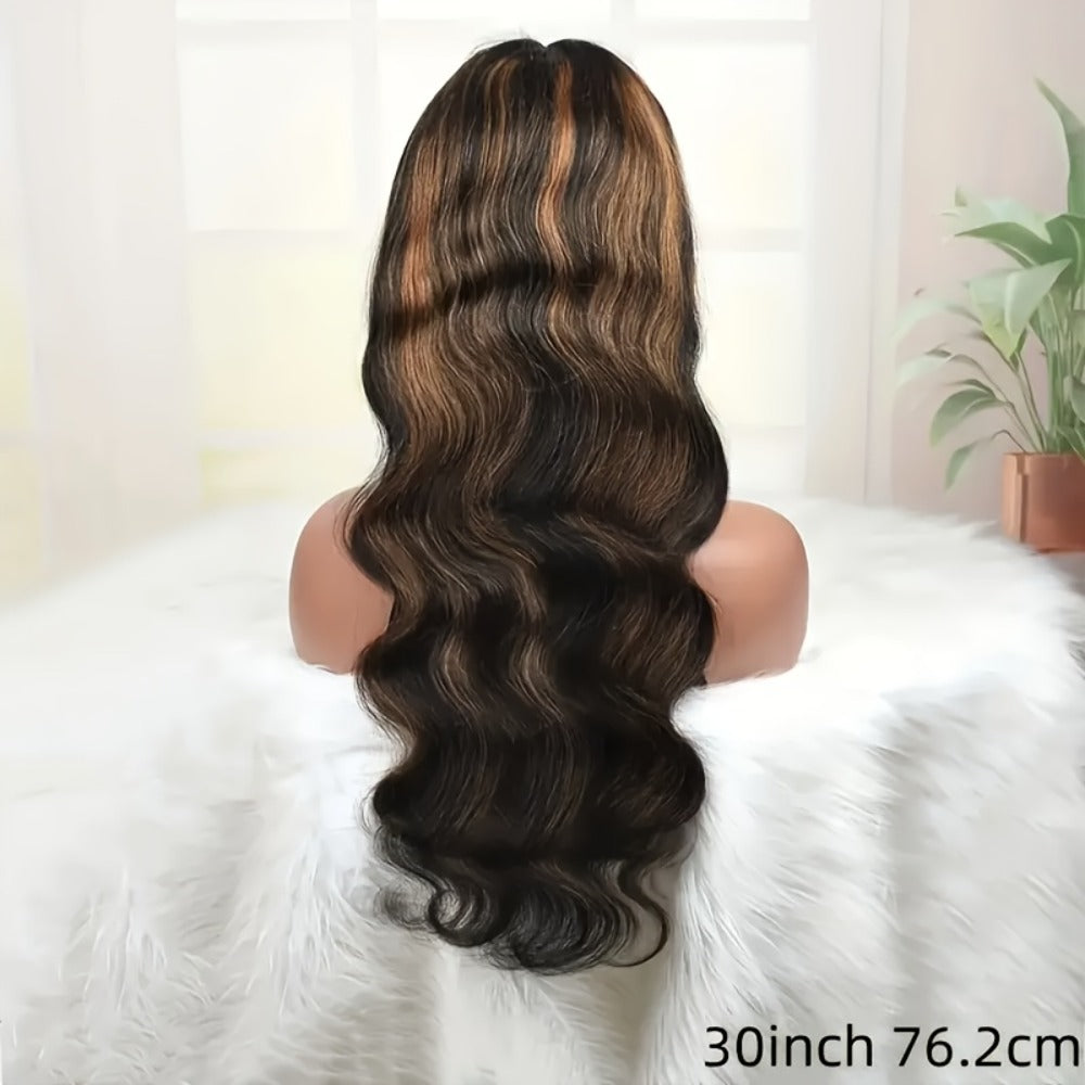 Human Hair Lace Front Wig 200% Density Brown Highlights — Pre-Plucked Glueless Long Wavy Black Brown Highlighted Wig, Heat Friendly 12"-32" Everyday Wear