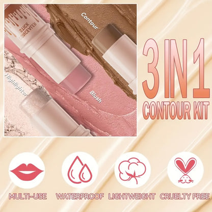 Contour Stick Set 3pcs - Blush Stick, Highlighter Stick & Bronzer Stick Cream Contour Kit, Non-Greasy Waterproof Long-Lasting Makeup for Fair to Medium Skin, Christmas Gift