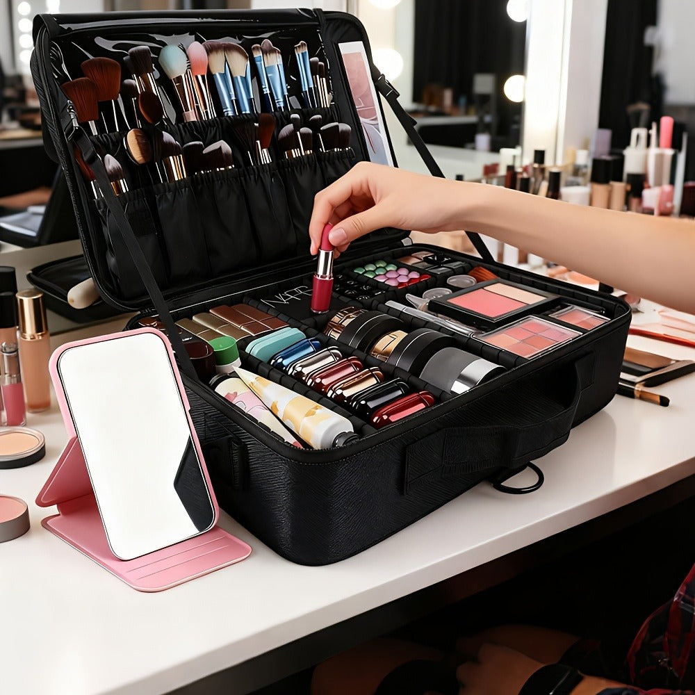 Makeup Case, Professional Train Case Large Makeup Bag, Travel Cosmetic Organizer Brush Holder Makeup Artist Storage Box, for Cosmetics Makeup Brushes Toiletry Jewelry Digital Accessories, 15.8 Inches, with Adjustable Dividers and Shoulder Strap