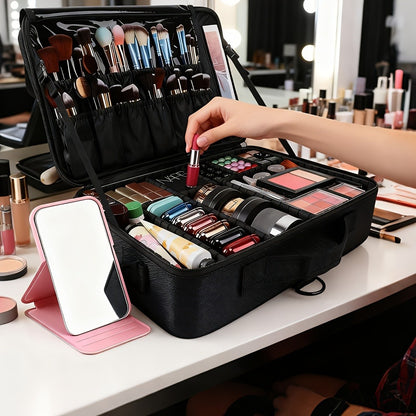 Professional Makeup Train Case 3-Layer Large Travel Cosmetic Organizer with Adjustable Dividers Shoulder Strap Brush Holder 15.8 Inch Makeup Artist Storage Box Black