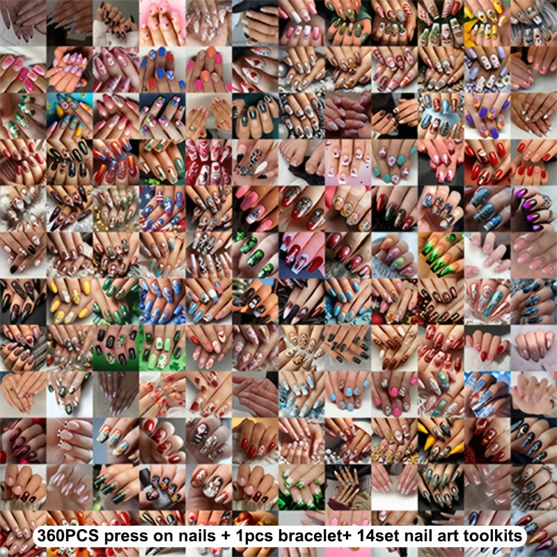 [375pcs Press-On Nails Set] 375pcs Press-On Nails Set - Short & Medium Lengths, Almond & Square Tips, Glossy Gel Polish in Pastel, Neon, Glitter, Holographic, Marble, Striped, Floral, Animal Print & Heart Patterns - Easy Application for Salon-Quality