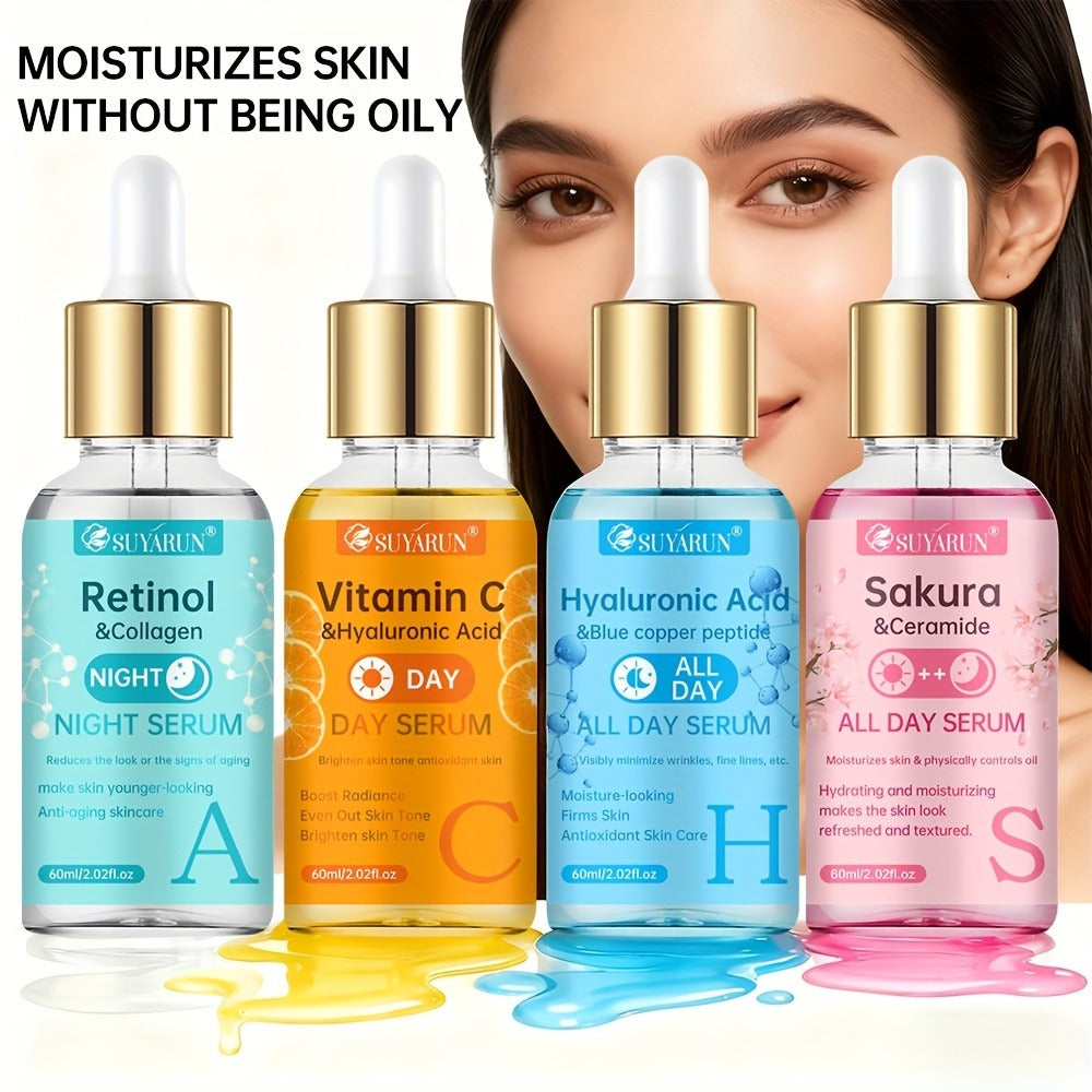SUYARUN 4pcs Day And Night Vitamin C Retinol Hyaluronic Acid Cherry Blossom Ceramide Serum Set, with Collagen Aloe And Niacinamide, Brightens Light Beige, Firms Skin, Deeply Hydrates And Evens Light Beige. Unisex. Nourishing And Moisturizing