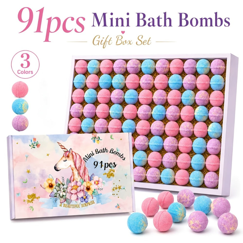 Mini Bath Bombs Gift Set 91 Pack - Colorful Fragrant Bath Fizzies 15g Each, 3 Scents Assorted | Bulk Holiday Gift for Birthdays, Christmas, Easter, Halloween & Valentine's Day