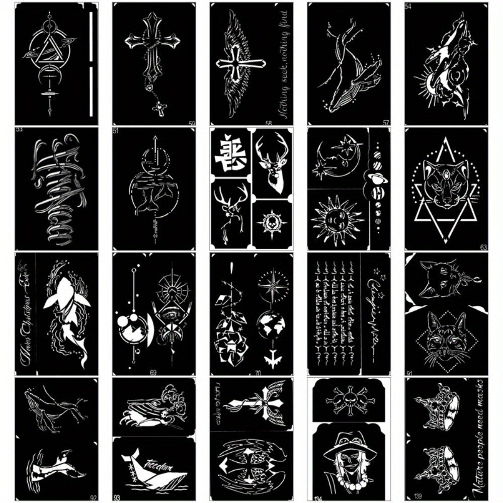 Tattoo Stencil Kit Reusable | Airbrush Temporary Tattoo Stencils for Adults & Kids | Whale Dolphin Cat Deer Wing Crown Cross Moon Sun Designs | Beach Festival Party Body Art Set