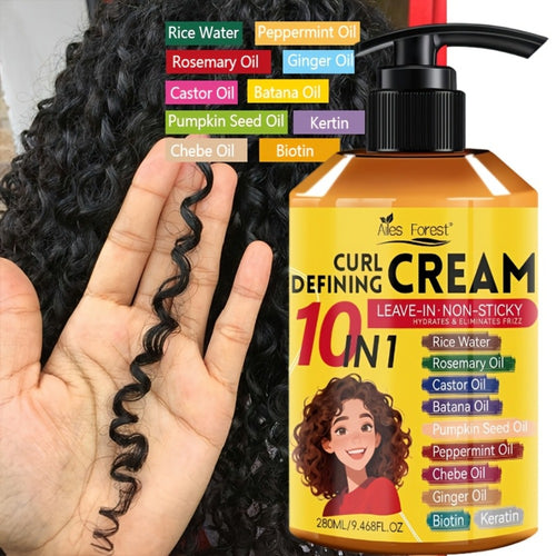 1 Bottle 9.47 oz 10-in-1 Curl Defining Cream | Moisturizing, Leave-in Non-Sticky Styling Cream for Adults - Enhances Curl Definition and Hydrates Hair, Suitable for Normal, Wave, and Curly Hair, Unisex, Fashionable Bottle Design