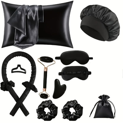 Sleep Hair Curling Set 12pcs – Heatless Curling Rods, Satin Sleep Cap, Eye Mask, Facial Roller, Hairband & Satin Storage Bag for Women