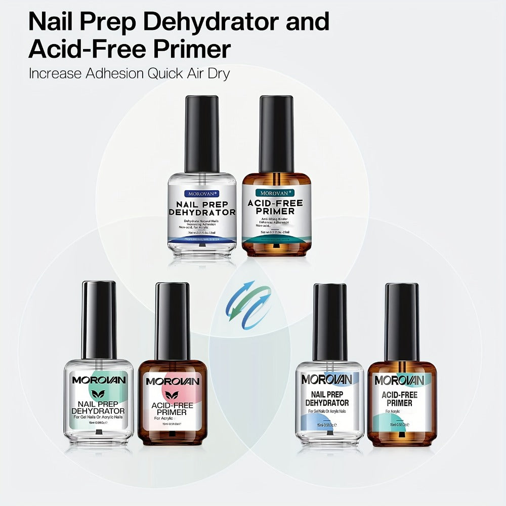 Morovan Professional Acid-Free Nail Prep Dehydrator & Primer Suitable for Gels Fast Dry, Non-Acid Base with Nail File & Brush - Liquid Dehydrator for Acrylic/Gel Polish, Bonding Agent for Nail Salons, Nail Technicians, Gift Box Set