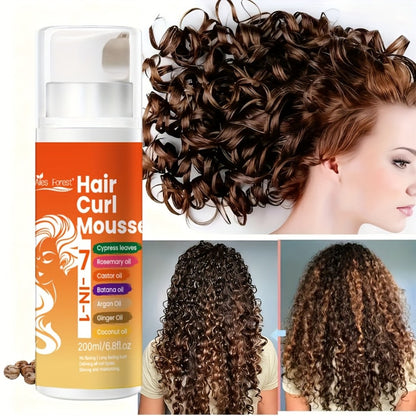 Hair Curl Mousse 7-in-1 Natural Oil Blend Long-Lasting Hold - Deep Moisturizing Smoothing Curl Defining Foam Rosemary Castor Coconut Oil Wavy Curly Hair Women Men 6.76oz