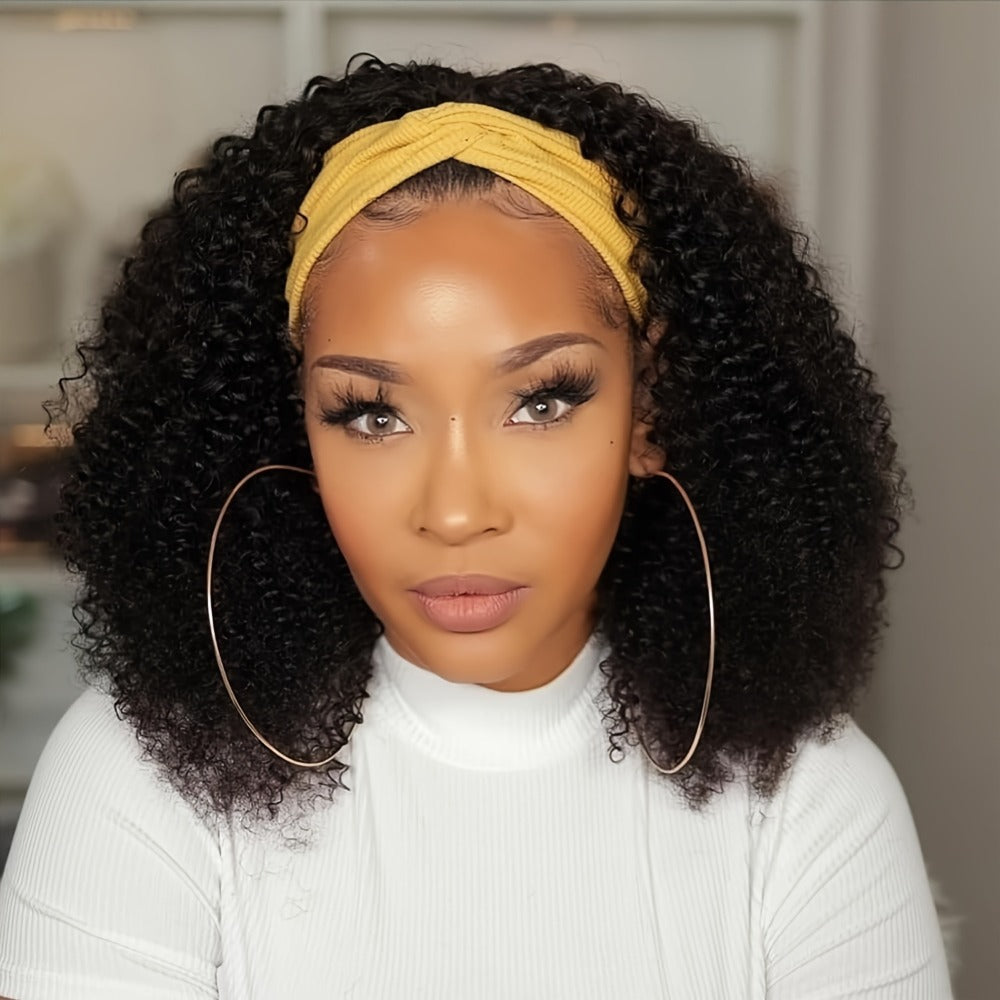 Headband Wig Curly Wavy Black Synthetic Glueless No Lace Elastic Cap Heat Resistant Fiber Beginner Friendly for Women Daily Wear Party Cosplay 12 16 22 Inch