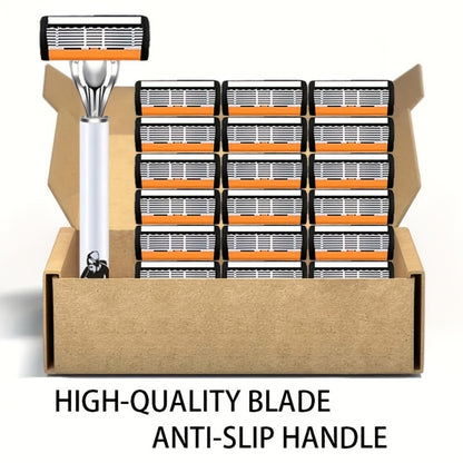 6-Layer Blade Men's Razor Set with Lubricating Strip 2 Handles & 36 or 72 Replacement Blades – Smooth Close Shave Contour-Fitting Ergonomic Manual Shaver for Men Daily Grooming
