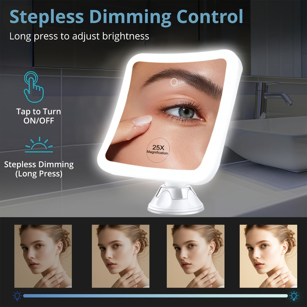 2000mAh Rechargeable 25X Magnifying Mirror with Light, Suction Cup, Locking Suction Mount, Travel Magnifying Mirror with 360° Adjustable, Travel Makeup Mirror with Dimmable Touch & 3 LED Light Settings, Valentine's Day Gifts, Weddings, Birthday Gift