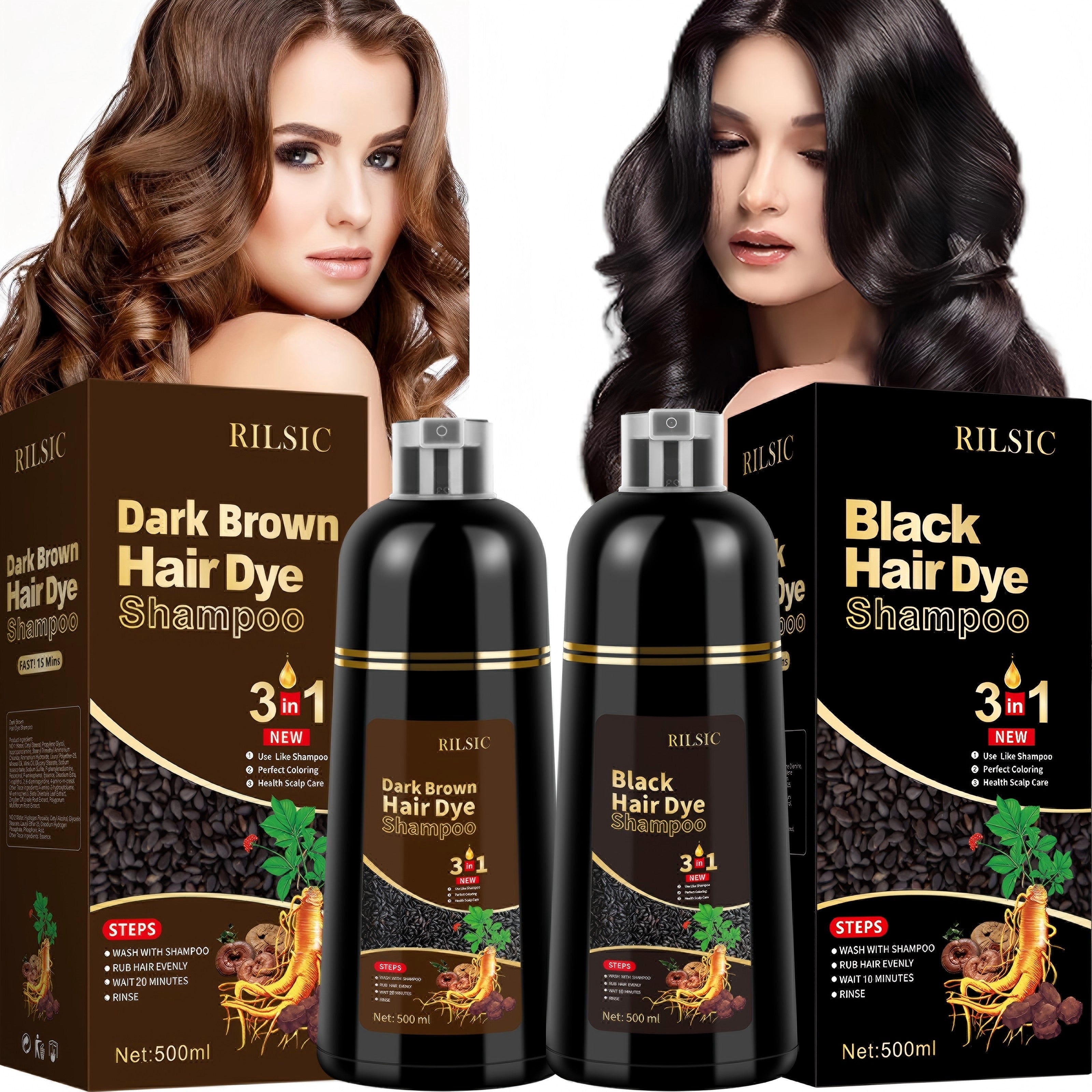 16.91oz Hair Dye Shampoo for Grey Hair, Natural Plant-Based Dye, Herbal Natural Hair Dye 3In 1- Dyeing And Washing Care, Non-Stick to The Scalp, Covering White Hair, Hair Dye Hair Color Shampoo Coloring in Minutes for Unisex (Black, Brown)