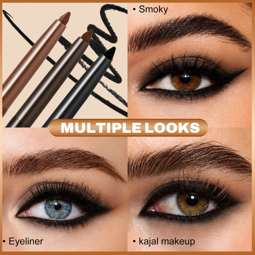 Eyeliner Pencil 3 Pack Waterproof Long Lasting Gel Pen - Quick Dry Smudge Proof Matte Creamy Formula for Sensitive Eyes Beginner Friendly Precision Eye Makeup Deep Brown Medium Brown Black