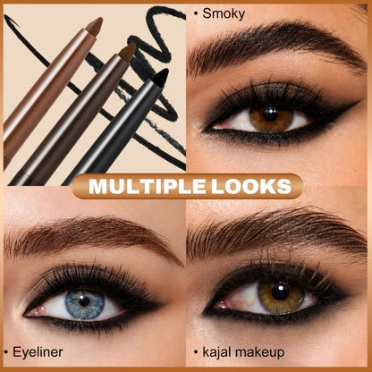 Eyeliner Pencil 3 Pack Waterproof Long Lasting Gel Pen - Quick Dry Smudge Proof Matte Creamy Formula for Sensitive Eyes Beginner Friendly Precision Eye Makeup Deep Brown Medium Brown Black