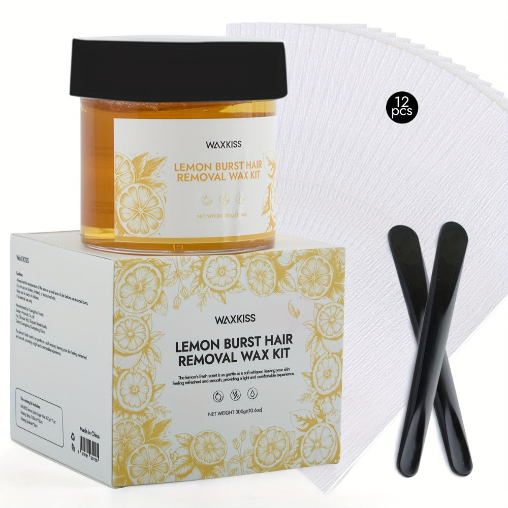 WAXKISS 300G Lemon Sugar Wax Hair Removal Soft Wax Beeswax Hair Removal Kit New Formula Is Gentle And Non-Irritating, Precise Hair Removal Without Residue, (1 Can Of Soft Wax, 12pcs Of Hair Removal Paper, 2 Wax Sticks)