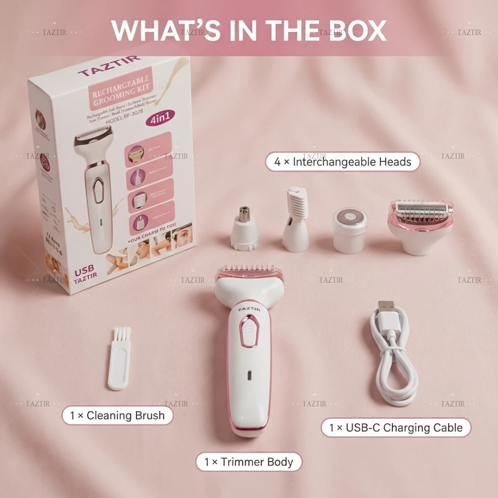 Electric Razor for Women, 4-in-1 Rechargeable Grooming Kit | Limited Luxury Set | Ultimate Shaving Care Gift, Lady Electric Shaver for Face, Nose, Legs And Underarm, Bikini Trimmer for Women Wet & Dry Painless, Hair Razor Rechargeable & Portable