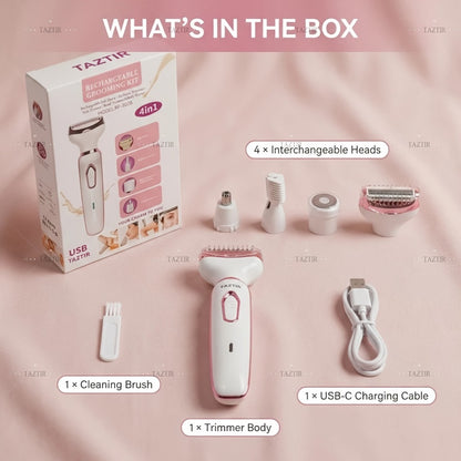 Electric Razor for Women 4-in-1 Rechargeable Grooming Kit - Lady Shaver Bikini Trimmer for Face Nose Legs Underarm Wet Dry Painless Hair Removal Portable Gift Set