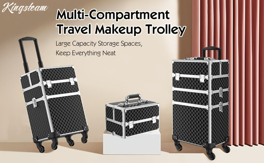 Rolling Makeup Train Case with Makeup Sponges Set, Large Storage Cosmetic Trolley 3in 1 Large Capacity Trolley Makeup Travel Case with Key Swivel Wheels Salon Barber Case Traveling Cart Trunk