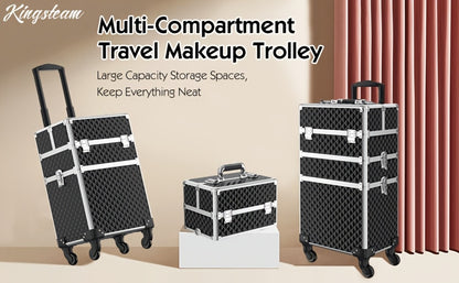 Rolling Makeup Train Case 3-in-1 Large Capacity Cosmetic Trolley with Swivel Wheels Lock Key Makeup Sponges Set Salon Barber Travel Cart Trunk for Professional