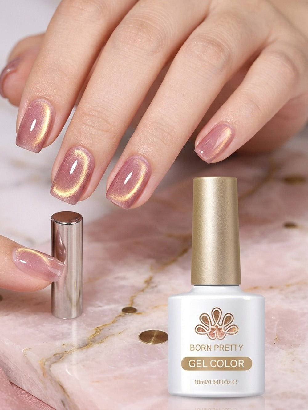 BORN PRETTY 0.34oz Nude Golden Glitter Cat Magnetic Gel Nail Polish with Ultra Shine in Two Colors, Semi-Permanent Gel Nail Supplies