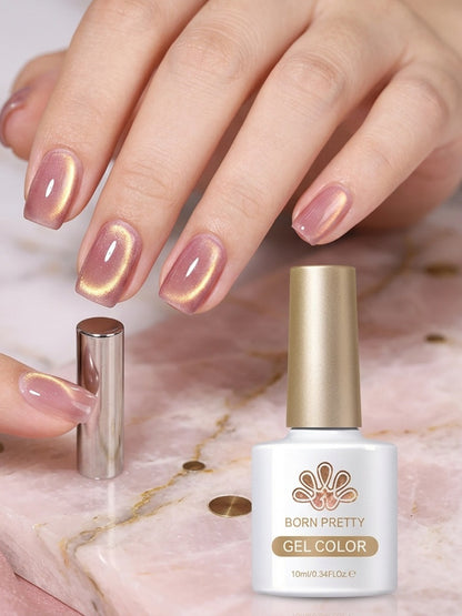 Magnetic Gel Nail Polish Cat Eye — BORN PRETTY Nude Golden Glitter Ultra Shine Semi-Permanent Gel, 0.34oz 10ml | 2-Color Magnetic Cat Eye Nail Set