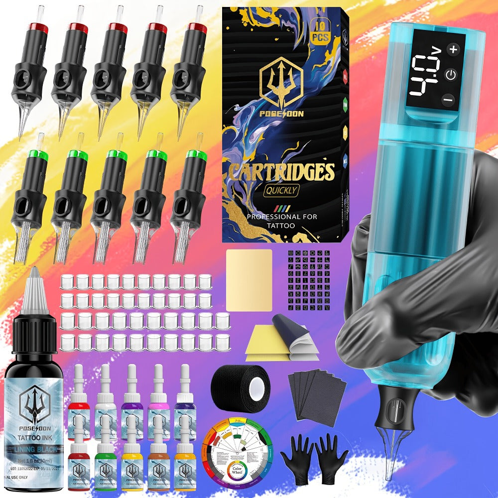 POSEIDON V5 Cordless Tattoo Machine Kit Complete with LCD Screen Display, Wireless Rotary Pen, 1500mAh Battery, 10 Needles & 11 Ink - Full Tattoo Supplies for Beginners & Professional Artists, Portable Tattoo Gun (No Adapter Included)