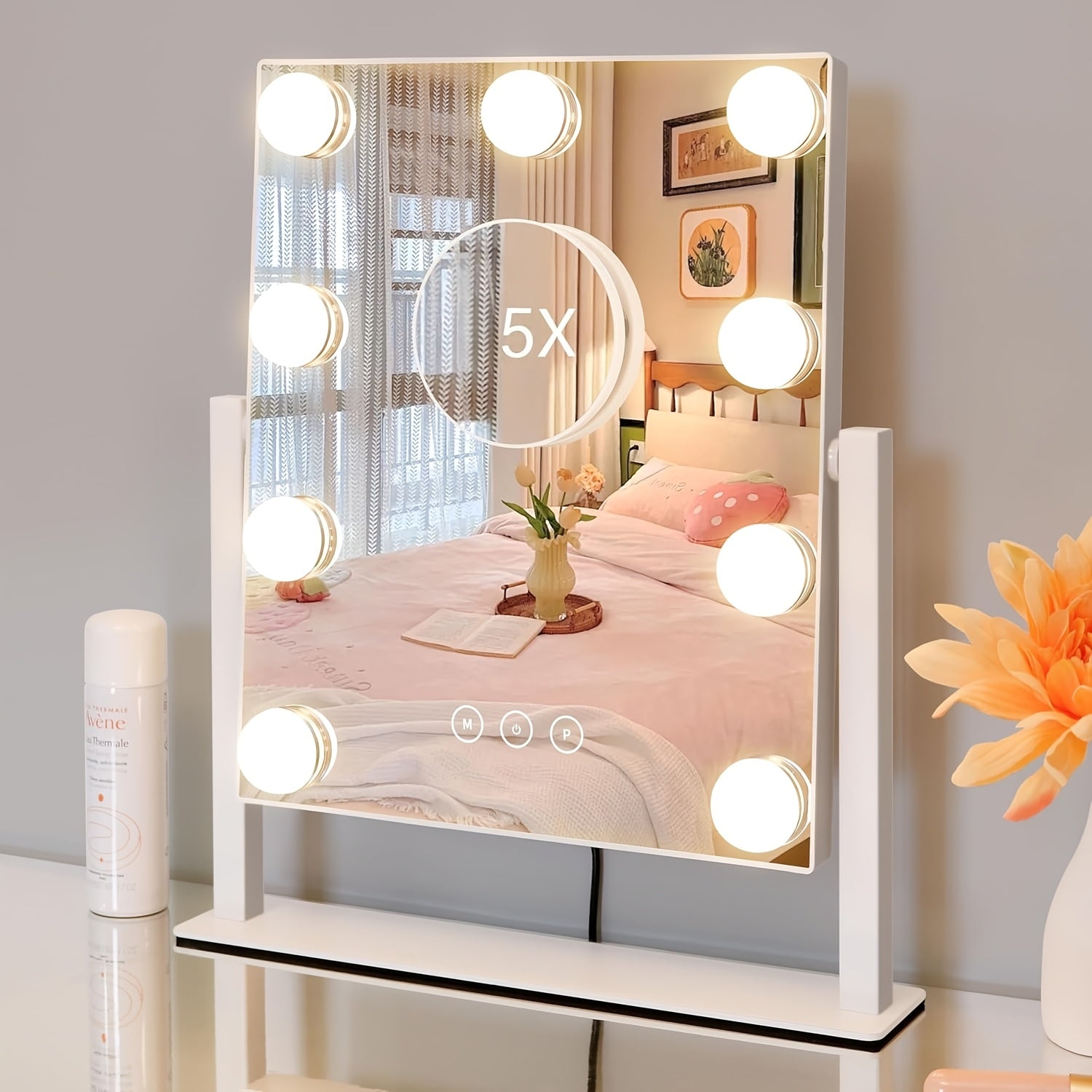 9-Light Magnetic Makeup Mirror with 5X Magnifying Lens - Smart Touch Control, 3 Lighting Modes (Daylight/Warm /Cool), 360° Rotating Vanity Mirror Suitable for Women' Birthday/Holiday Gift, Hollywood Lighting Mirror