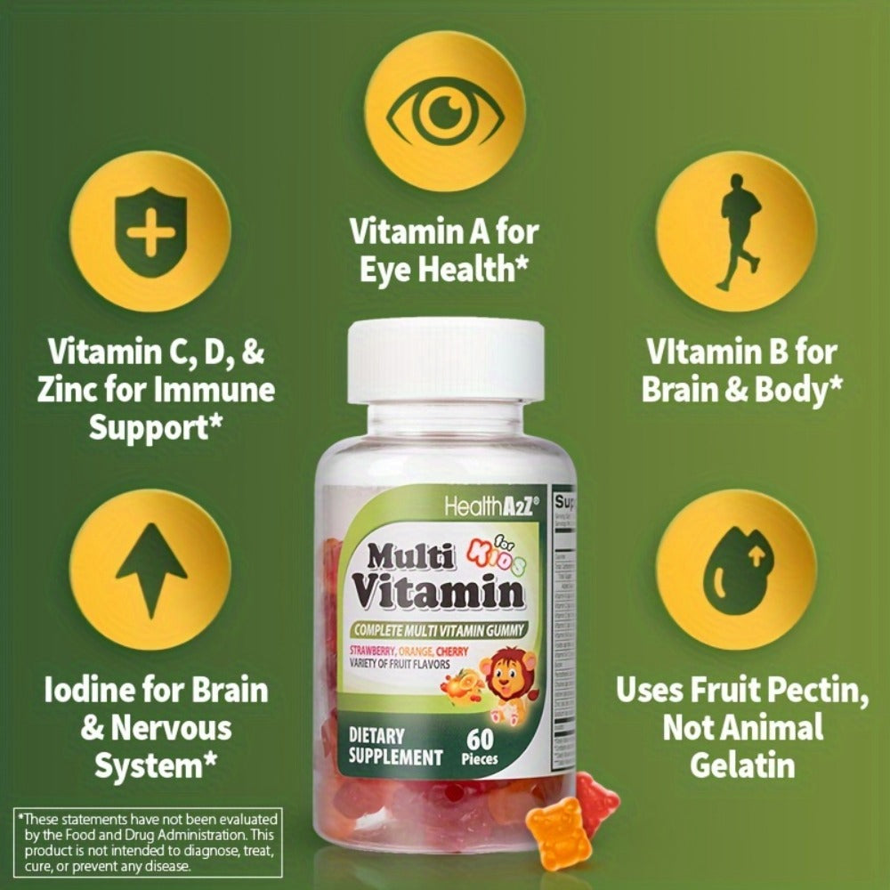 Kids Multivitamin Gummies 60ct | Brain, Eye, Bone & Immune Support | Boost Appetite & Growth | with D3, A, C, E, B6, B12, Folic Acid, Zinc & Choline | Great Taste