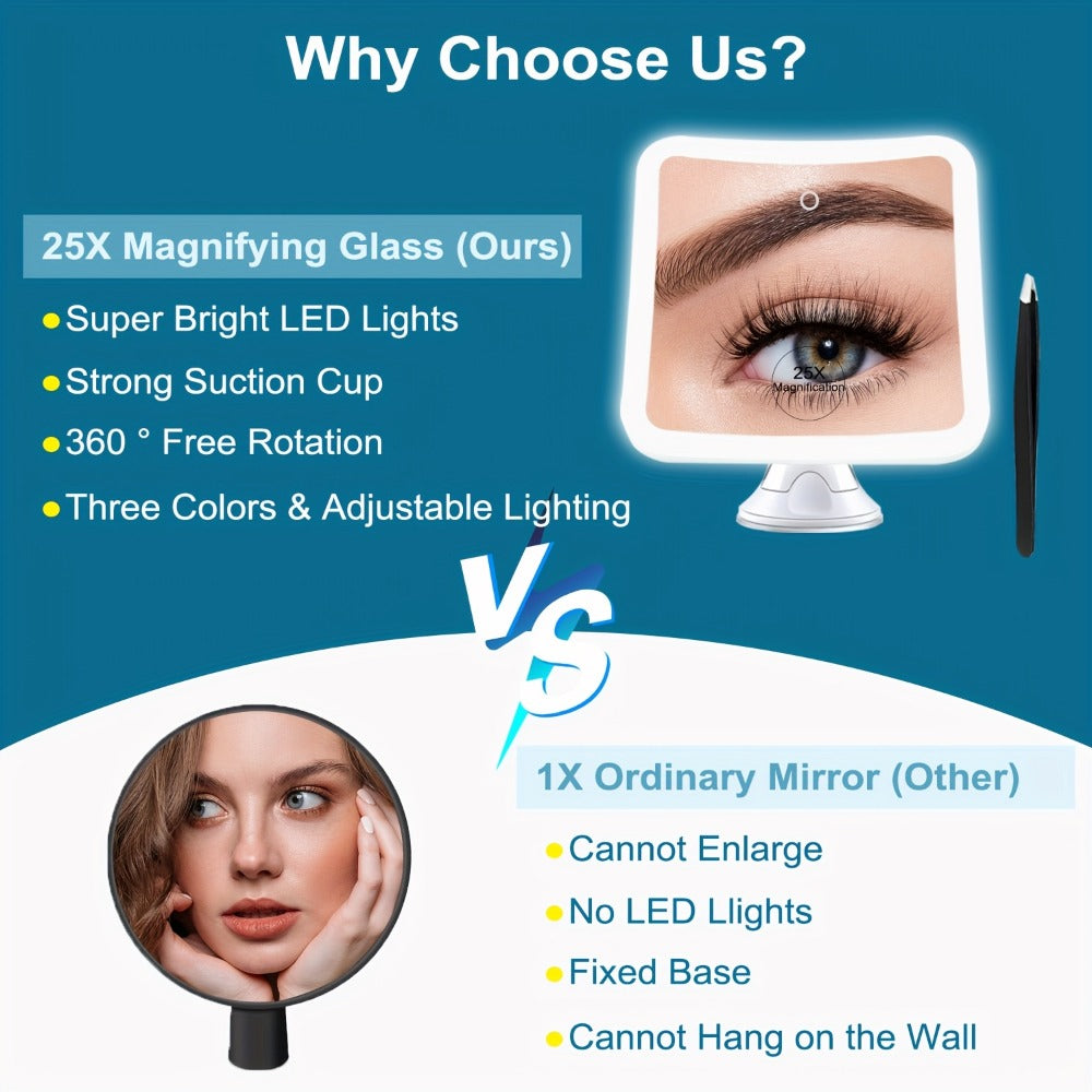 2000mAh Rechargeable 25X Magnifying Mirror with Light, Suction Cup, Locking Suction Mount, Travel Magnifying Mirror with 360° Adjustable, Travel Makeup Mirror with Dimmable Touch & 3 LED Light Settings, Valentine's Day Gifts, Weddings, Birthday Gift