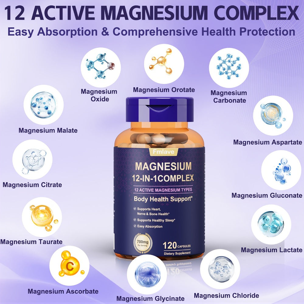 Fmlave 12 In 1 Magnesium Glycinate, 700MG Magnesium Complex WIth Citrate, Malate, Carbonate, Taurate, Oxide, Easily Absorbable Calm Magnesium Supplements Support Bone, Heart & Sleep Health, Relaxation, Gluten Free, 120 Capsules