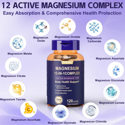 Magnesium Glycinate 700mg 12-in-1 Complex Capsules | Citrate Malate Taurate Carbonate & Oxide Blend | Bone Heart Sleep & Relaxation Support | Gluten-Free 120 Capsules 120-Day Supply