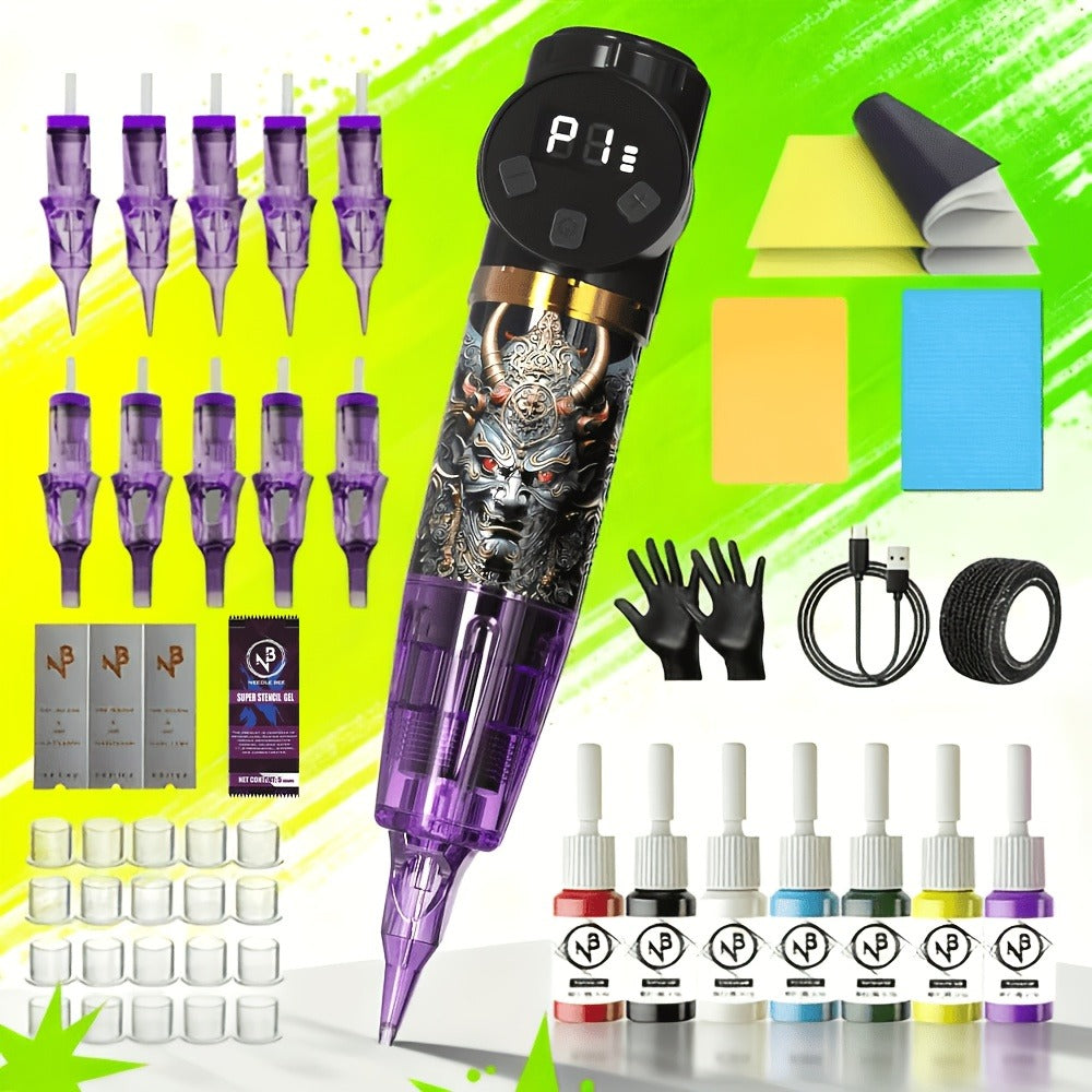 INKSOUL Wireless Tattoo Machine Kit, Includes 10pcs Tattoo Needles And Disposable Sealing Tattoo Ink Cups, Tattoo Pen Machine Pen Case, Transfer Paper And Other Tattoo Supplies, Suitable for Tattoo Beginners And Tattoo Artists' Tattoo Tools