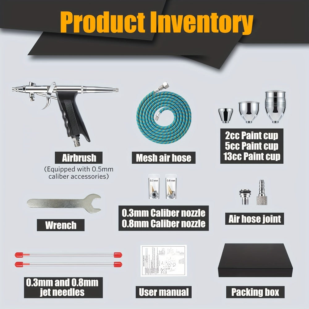 Professional Double Action Trigger Airbrush Kit with 0.3mm/0.5mm/0.8mm Needles & 2cc/5cc/13cc Paint Cups - Manual Air-Powered Spray Gun for Nail Art, Cake Decorating, Makeup, Painting - Portable, No Batteries/Electricity, Easy-Clean Design