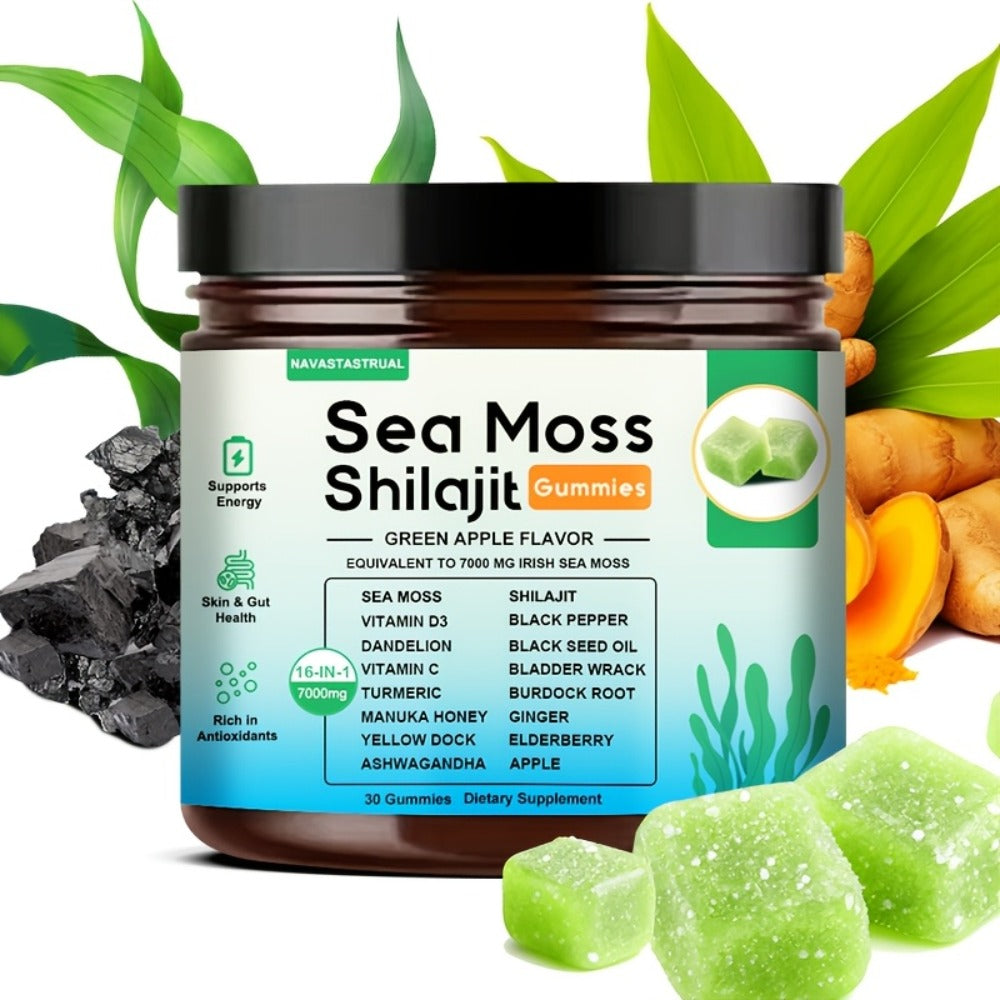 30 Gummies, 16-in-1 Sea Moss+Shilajit Gummies, Plant-Based Formula with Sea Moss, Shilajit, Turmeric, Ashwagandha & Black Seed Herbal Supplement, Immune Support, Digestive Health, Daily Wellness, Green Apple Flavor, Christmas Gift for Men And Women
