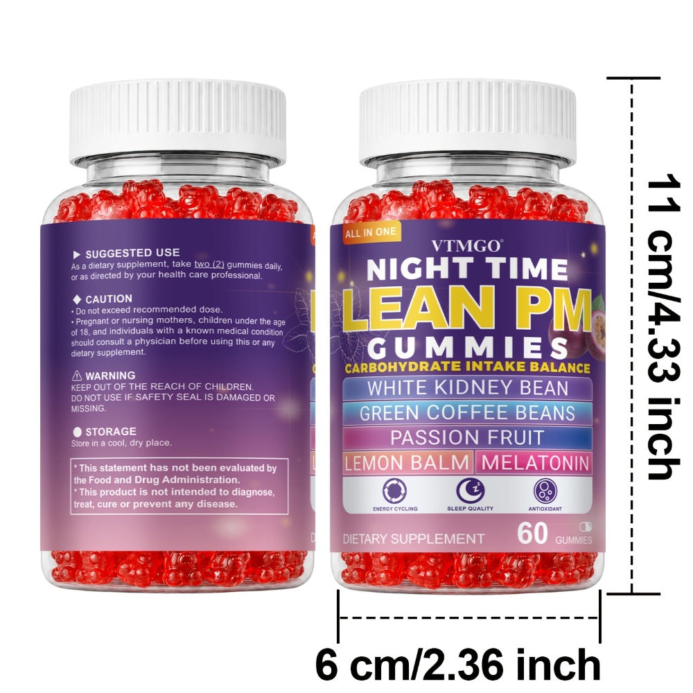 NIGHT TIME LEAN PM GUMMIES: White Kidney Beans, Green Coffee, Lemon Balm, Melatonin, Passionflower - Nature's Source Of Quiet Balance. Night Quietly Becomes The Starting Point for Health, Balance And Change.(60).(1/4/5 Bottles).Family & Holiday Gifts