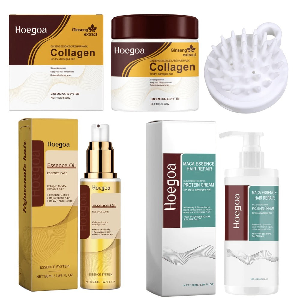 Collagen Hair Care Set 3-Piece with Massage Brush - Hair Mask Keratin Conditioner Essential Oil Moroccan Argan Rosemary Repairs Damaged Hair Moisturizing Gift Set for Women
