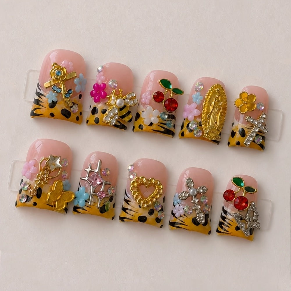 10pcs Y2K Yellow Striped Short Duck Press On Nails, Handmade Acrylic Nails with Cherry, Bee, Flower Rhinestone, Cross & Star Decor, Summer Daily Party Vacation Nail Set, Gift for Women And,Suitable for Graduation Photo Day