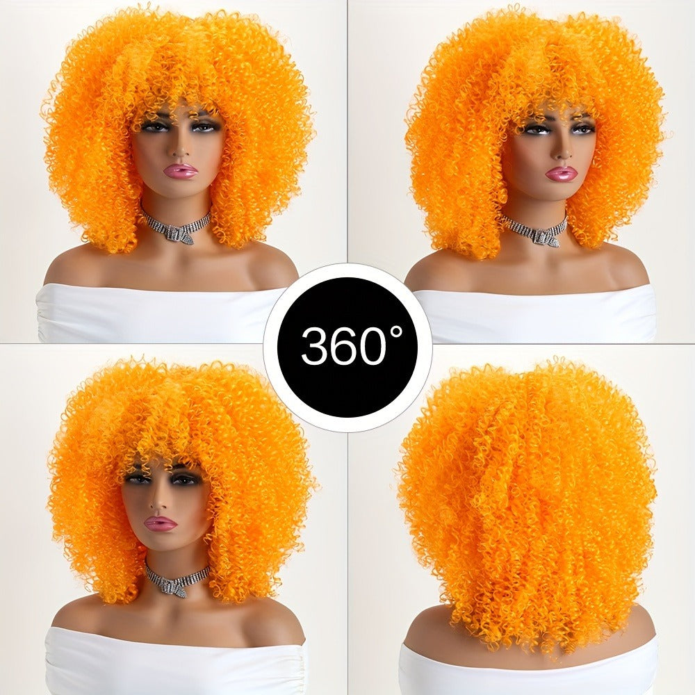 Afro Kinky Curly Wig Synthetic Short 16 Inch — 18 Colors, Heat Resistant, Elastic Net Cap, Women's Fashion Wig for Daily Wear, Cosplay, Party & Music Festival