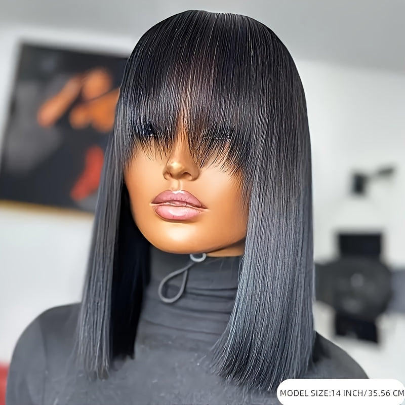 Natural Look 250% Density Straight Human Hair Wig with Bangs - Full Machine-Made Wigs Suitable for Daily Wear, Parties & Festivals - Comfortable Wearable Hair
