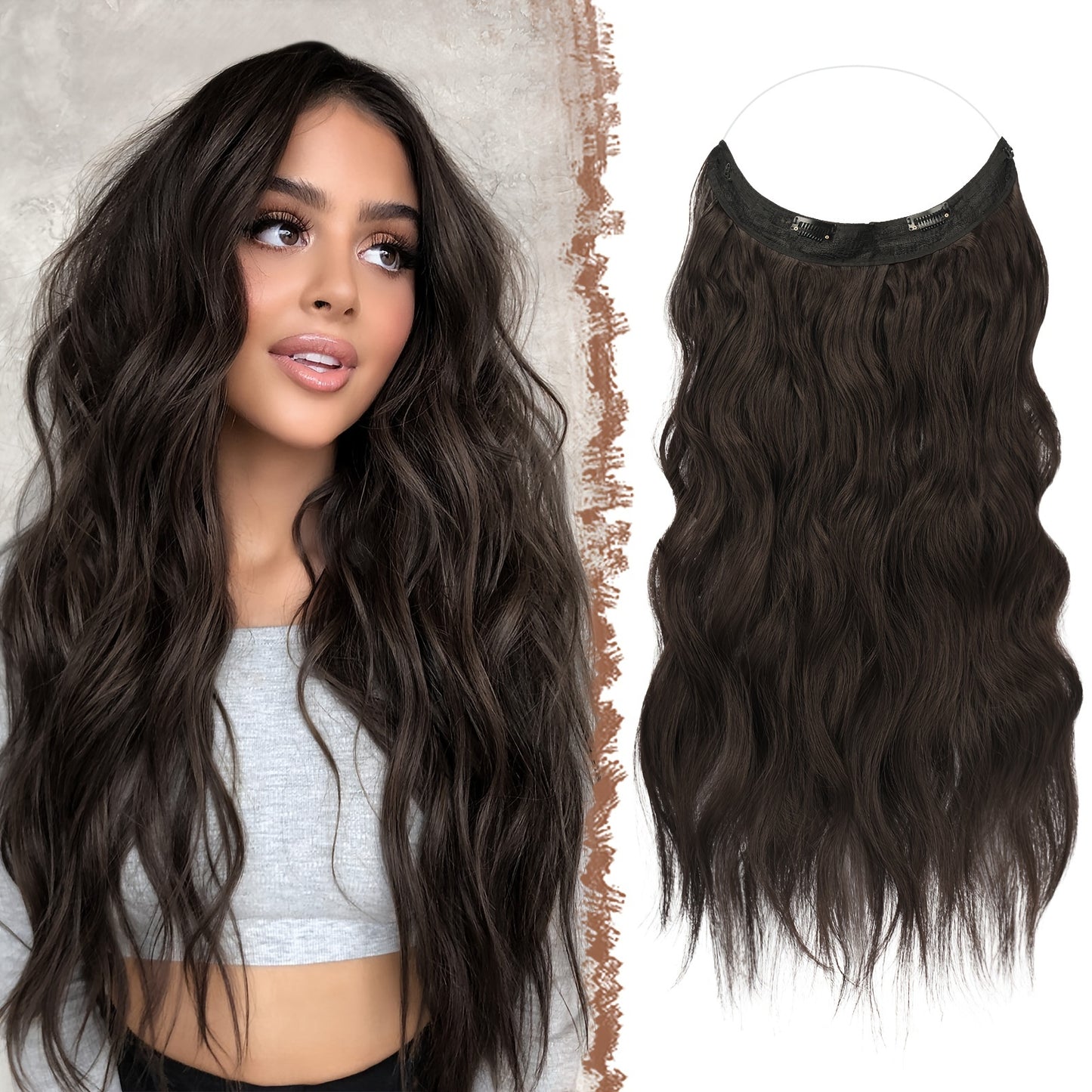 Invisible Wire Hair Extensions for Women Synthetic Wavy Wig with Clear Wire 18 Inch Multi-Color Balayage Highlight Natural Look Glueless No Damage Easy Apply