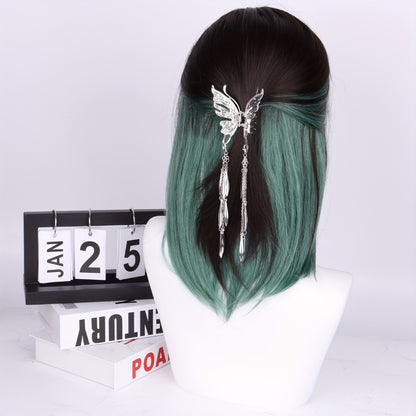 Synthetic Bob Wig with Bangs Ombre Color — 150% Density, Short Straight, Rose Net Cap, Brown Black with Wine Red, Pink or Green, 16 Inch, Halloween Cosplay Party