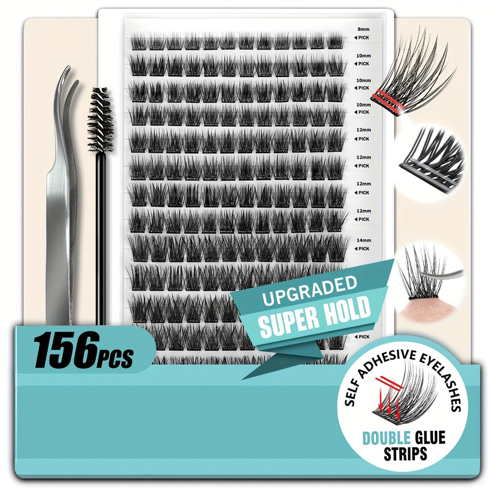Self Adhesive Eyelashes, 156pcs Self Adhesive Eyelash Clusters, No Glue Needed, Invisible 2-Strip Tape - Longer Lasting, No Sticky Residue Pre Glued Eyelashes (Volume-Mixed)