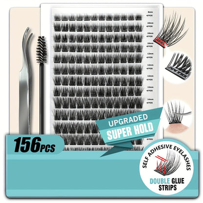 Pre-Glued Eyelash Clusters 156 Pcs — Invisible 2-Strip Tape Self Adhesive Lashes, No Glue Needed No Sticky Residue, Volume Mixed Longer-Lasting DIY Cluster Lash Extensions for Women