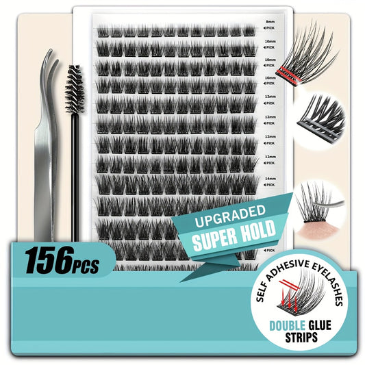 Self Adhesive Eyelashes, 156pcs Self Adhesive Eyelash Clusters, No Glue Needed, Invisible 2-Strip Tape - Longer Lasting, No Sticky Residue Pre Glued Eyelashes (Volume-Mixed)