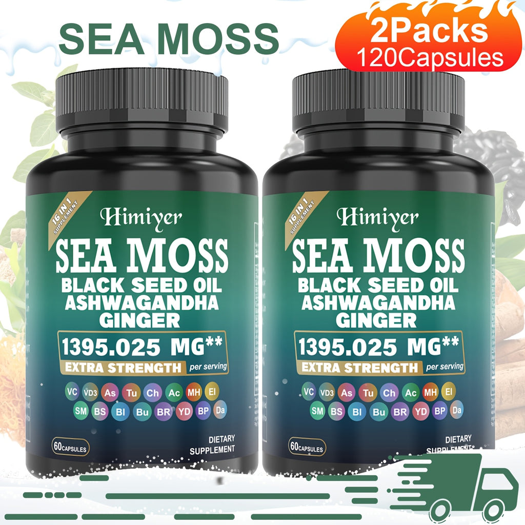 3-Pack SEA MOSS & ASHWAGANDHA Capsules - Contains Black Seed Oil, Ashwagandha, Turmeric, Cinnamon, Vitamins, and Minerals, 16-in-1, Enhances Athletic Performance, Energy, Immunity, and Antioxidant Effects