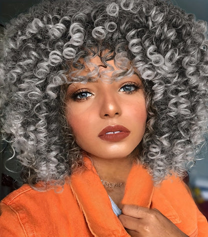 Afro Kinky Curly Wig for Black Women — Short Synthetic Wig with Bangs, 180% High Density, Natural Fluffy Curls, Stretch Cap, Daily Wear & Party, Fits All Head Sizes